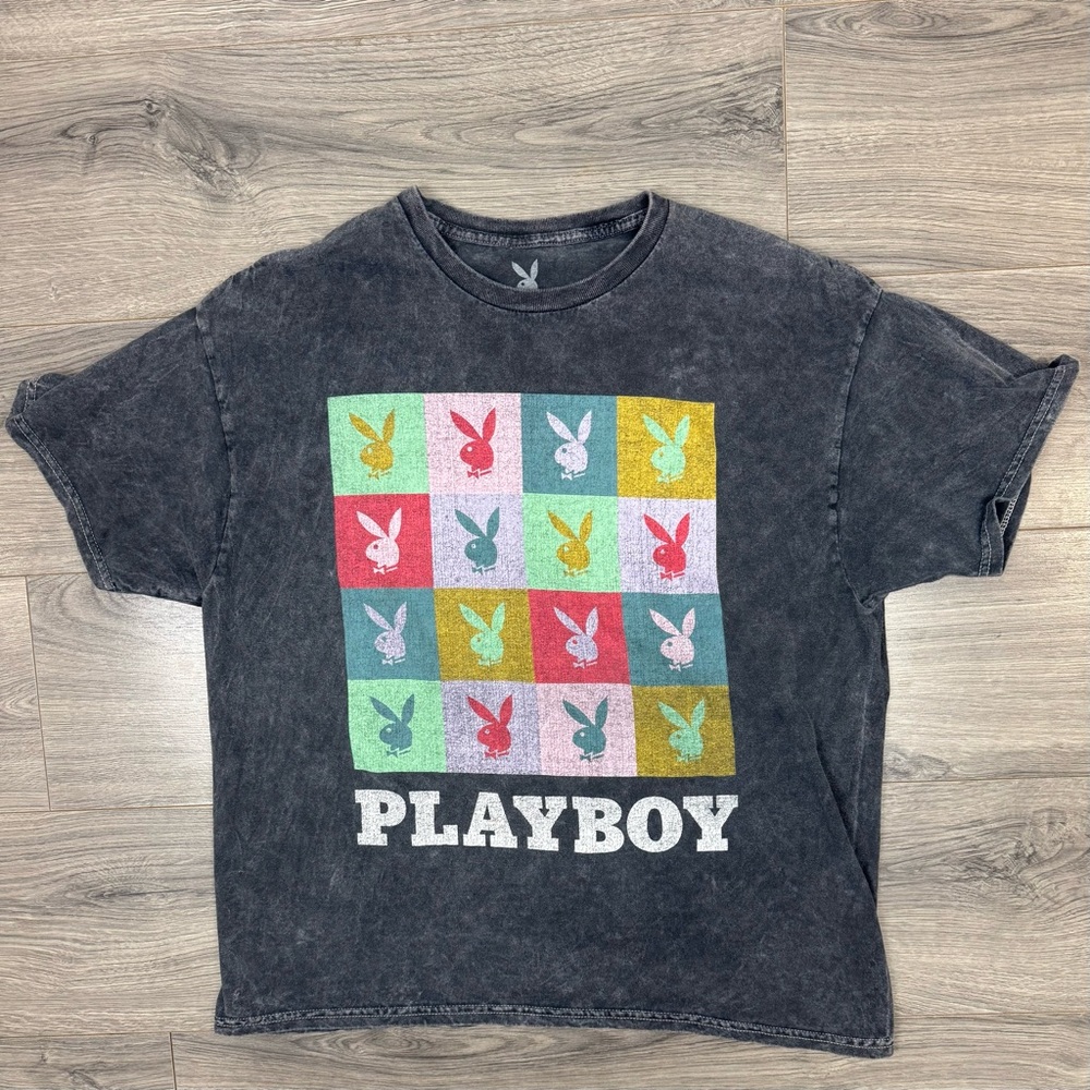 Playboy Bunny‎ Black Acid Wash Tee Women’s XL  Multicolor Grid Bunny Logo